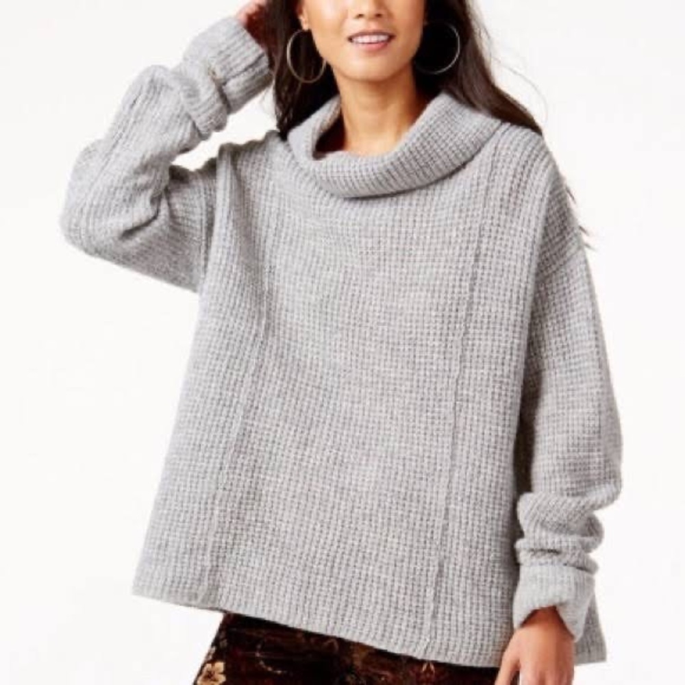 Free People Women's XS Gray Waffle Knit 100% Wool Turtleneck Sidewinder Sweater